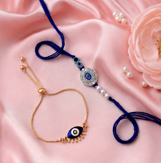 Premium Evil Eye Rakhi & Bracelet Combo Set | Blue Designer Rakhi with Adjustable Evil Eye Bracelet | Raksha Bandhan Gift for Brother