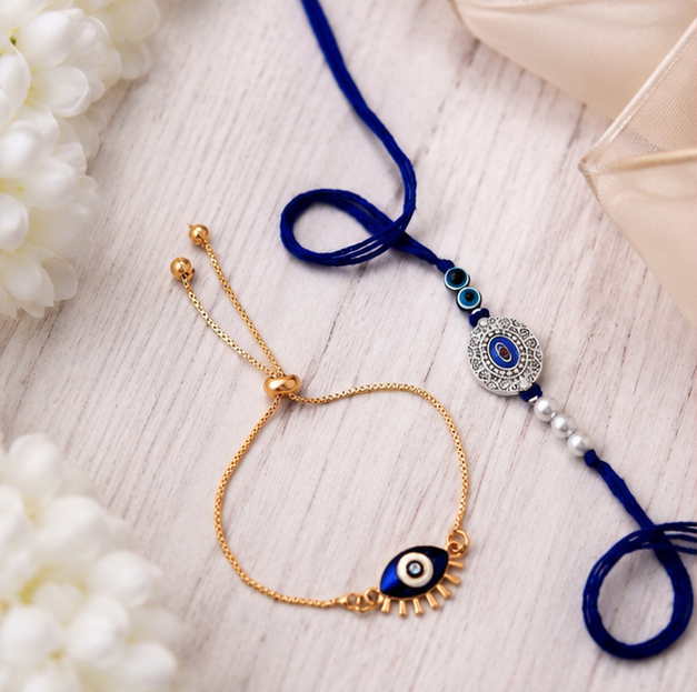 Premium Evil Eye Rakhi & Bracelet Combo Set | Blue Designer Rakhi with Adjustable Evil Eye Bracelet | Raksha Bandhan Gift for Brother