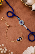 Premium Evil Eye Rakhi & Bracelet Combo Set | Blue Designer Rakhi with Adjustable Evil Eye Bracelet | Raksha Bandhan Gift for Brother