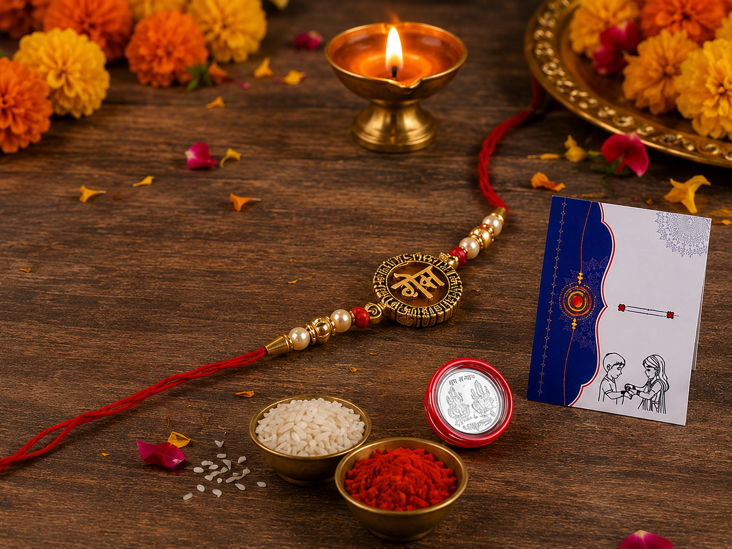 Traditional Om Damru Rakhi with Pearl Beads for Brother