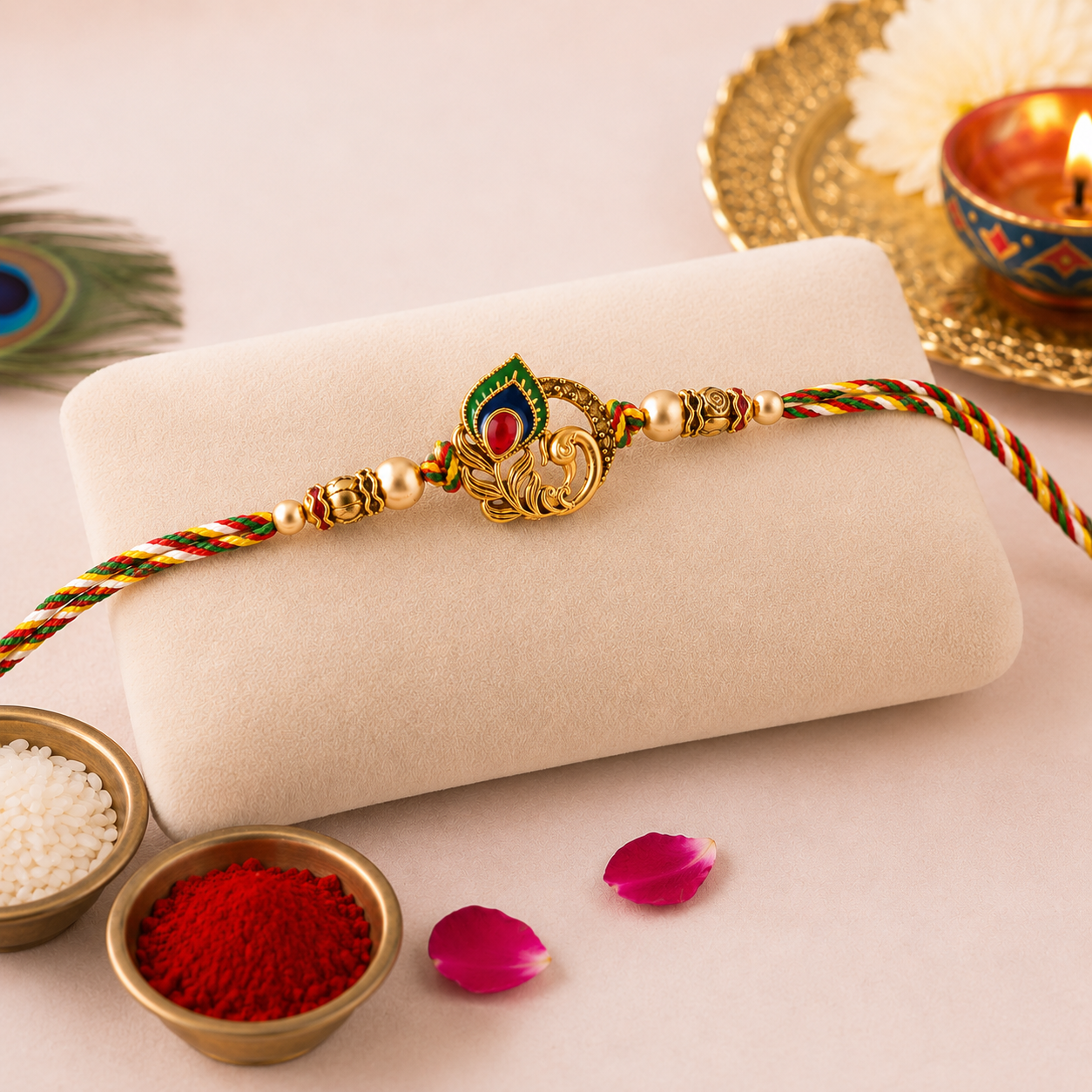 Premium Peacock Designer Rakhi with Greeting Card | Elegant Multicolor Thread Rakhi for Brother | Raksha Bandhan Special