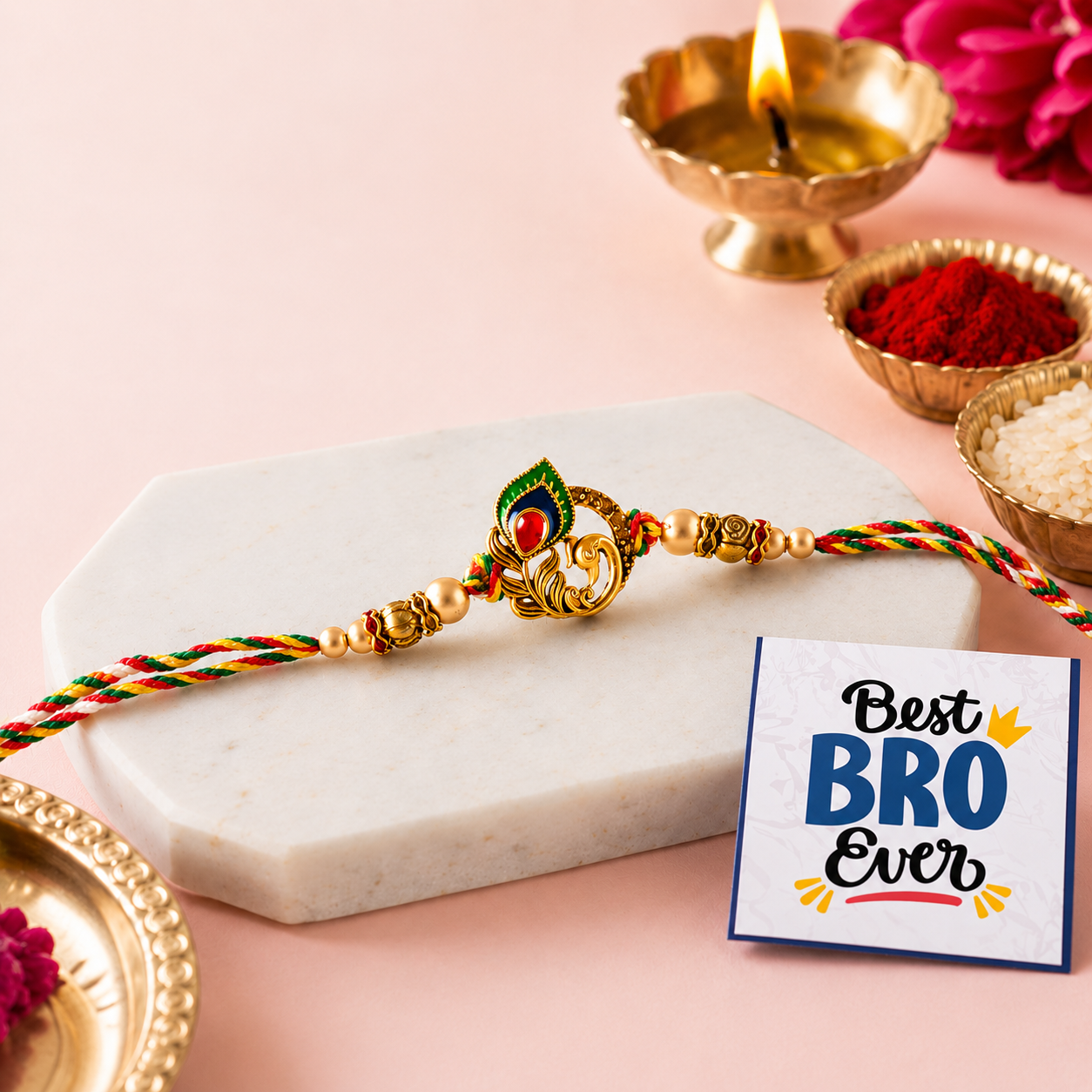 Premium Peacock Designer Rakhi with Greeting Card | Elegant Multicolor Thread Rakhi for Brother | Raksha Bandhan Special