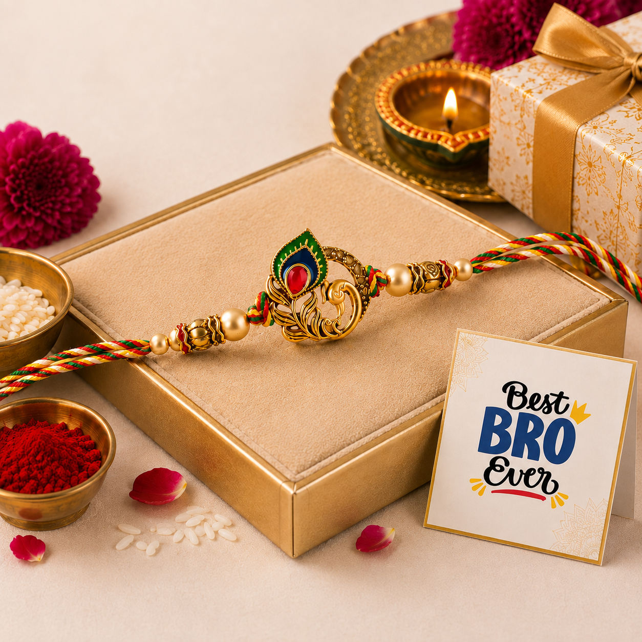 Premium Peacock Designer Rakhi with Greeting Card | Elegant Multicolor Thread Rakhi for Brother | Raksha Bandhan Special