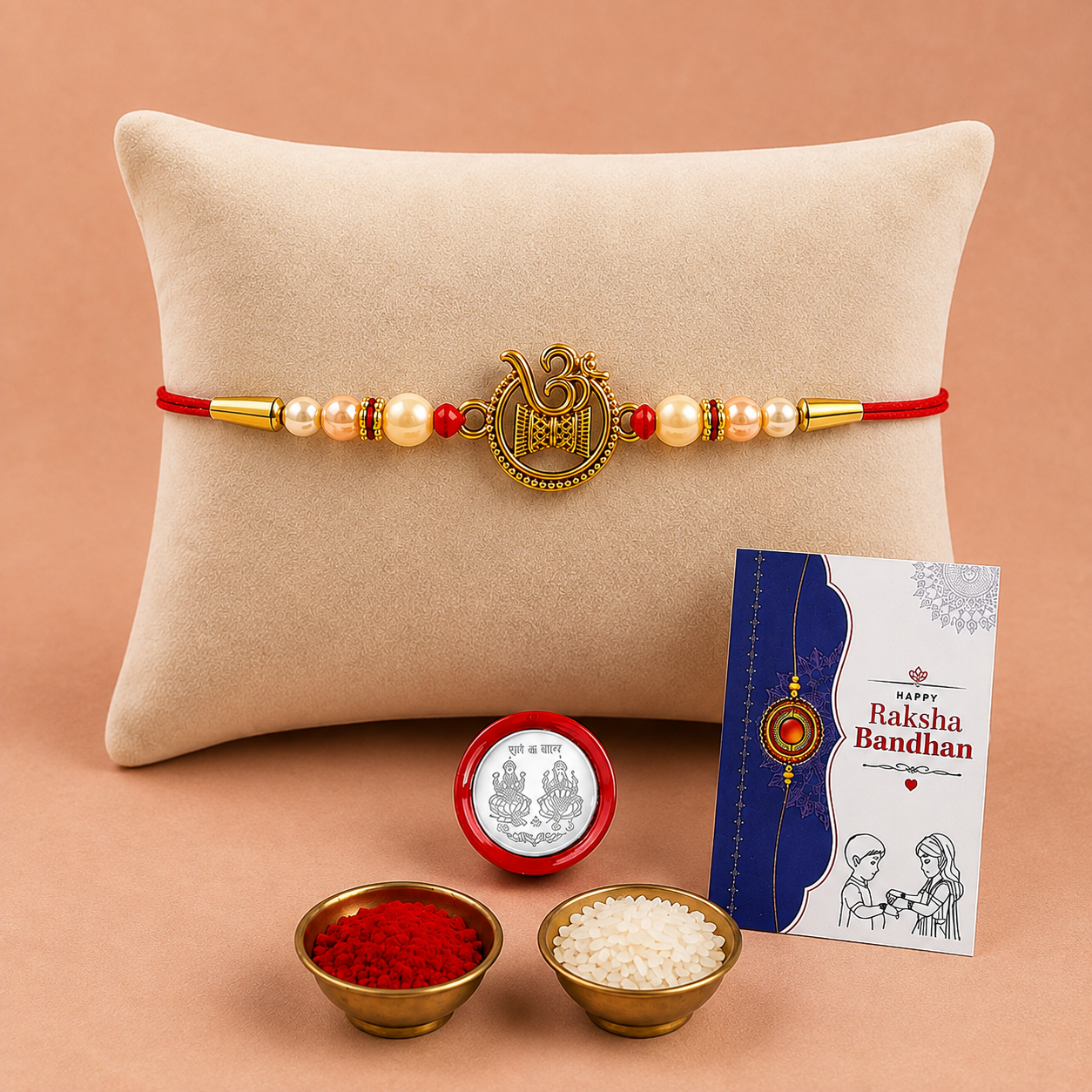 Traditional Om Damru Rakhi with Pearl Beads for Brother